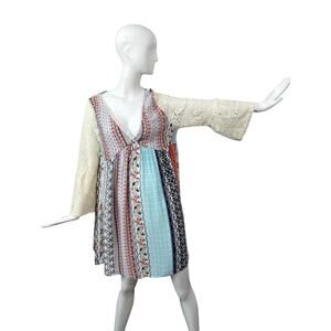 Kori America Women's size L Bohemian Lace Cottagecore Patchwork Babydoll Dress